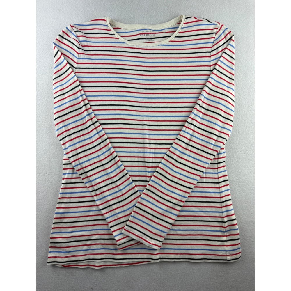 Talbots Womens Large Long Sleeve Cotton Crew Neck Striped Tee Red Blue Black
